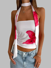 Ribbon Sleeveless Backless Floral Print Top