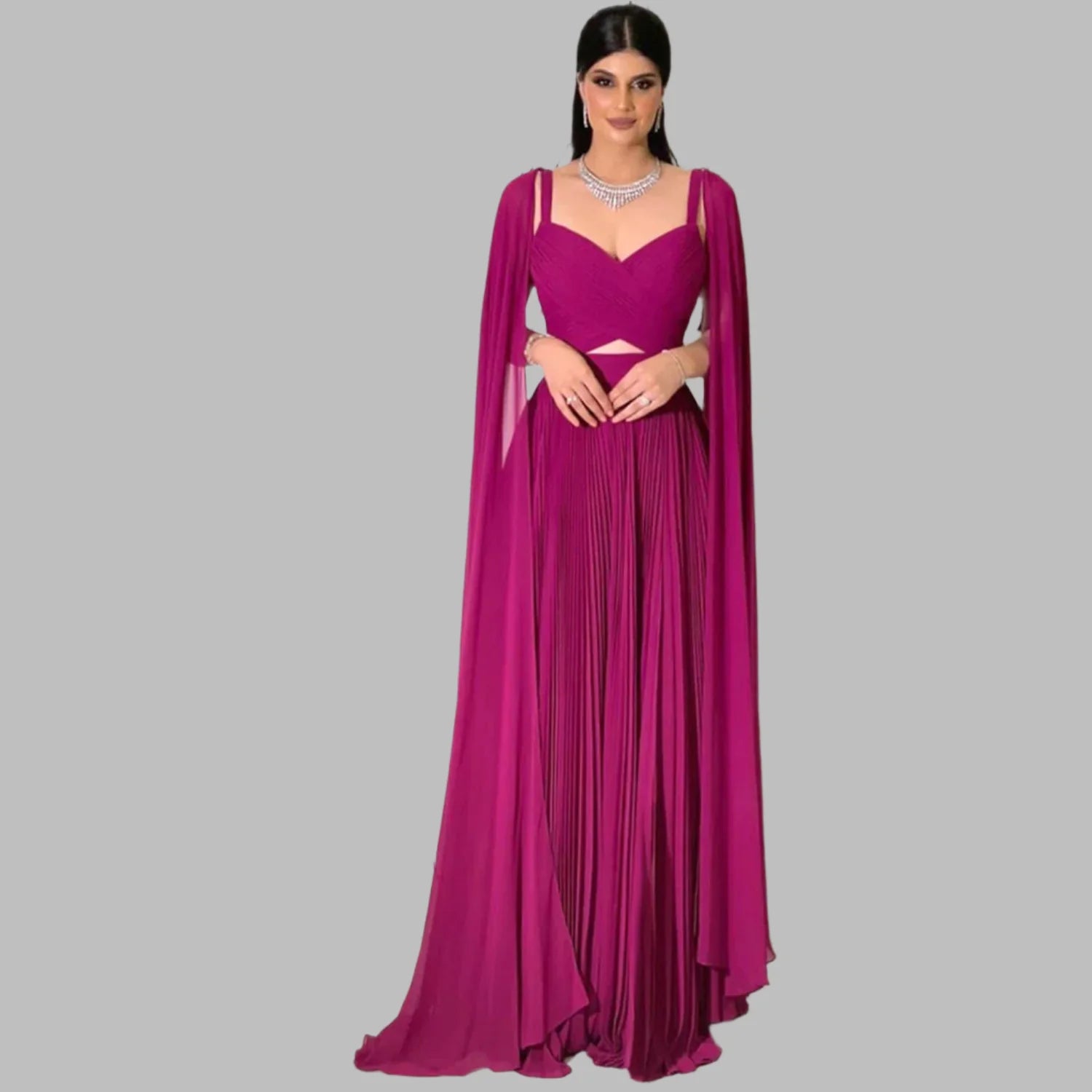 Solid Chiffon Cloak Evening Long Dress