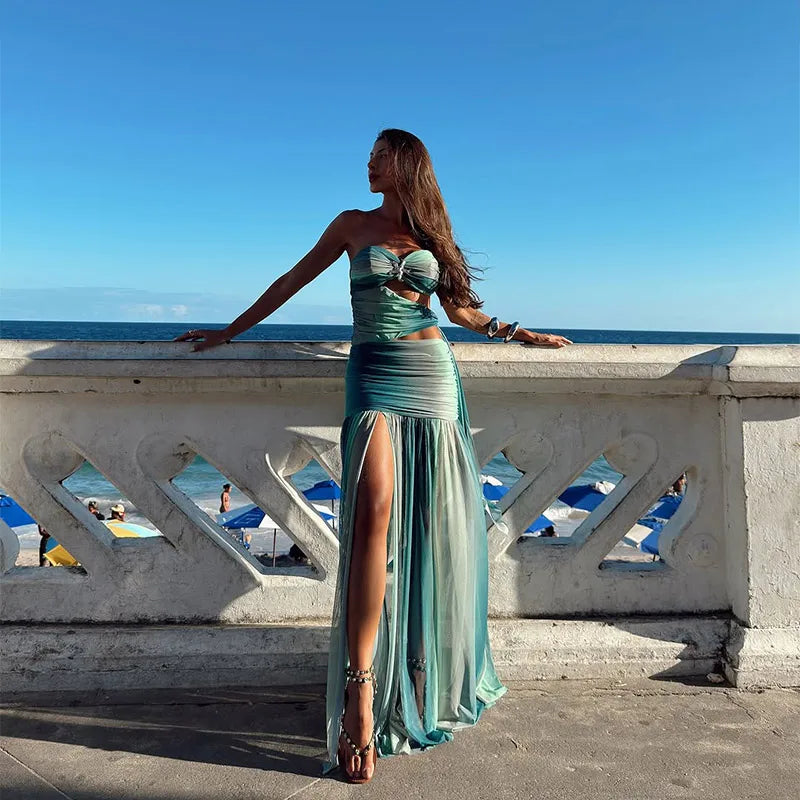 Printed Strapless Hollow Out Side Slit Long Dress
