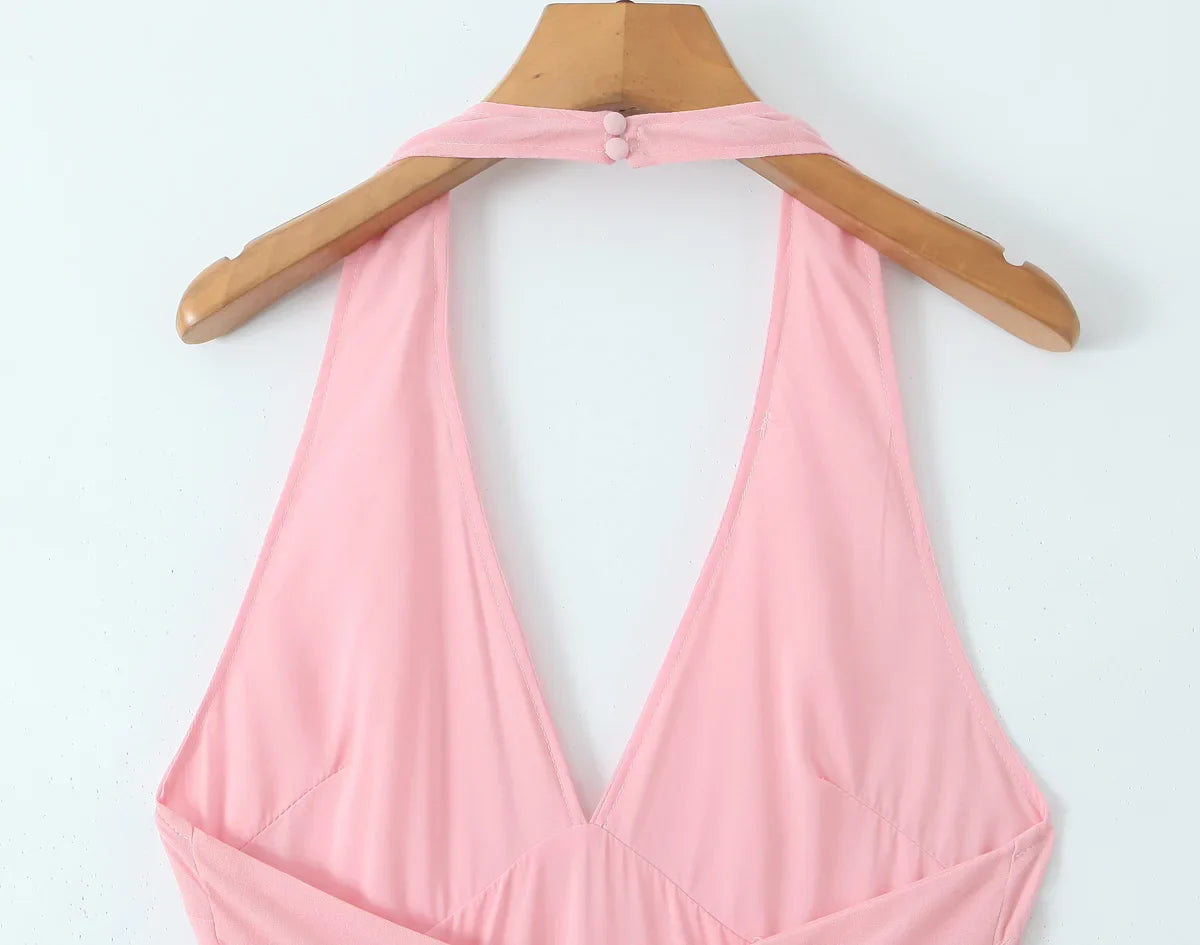 Pink Deep V Collar Halter Sling Midi Dress