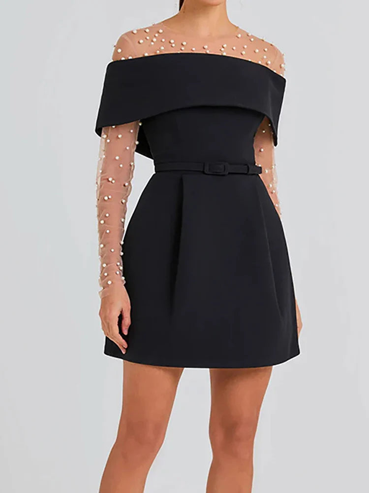 Belt Patchwork Short Sleeve Off The Shoulder Dress
