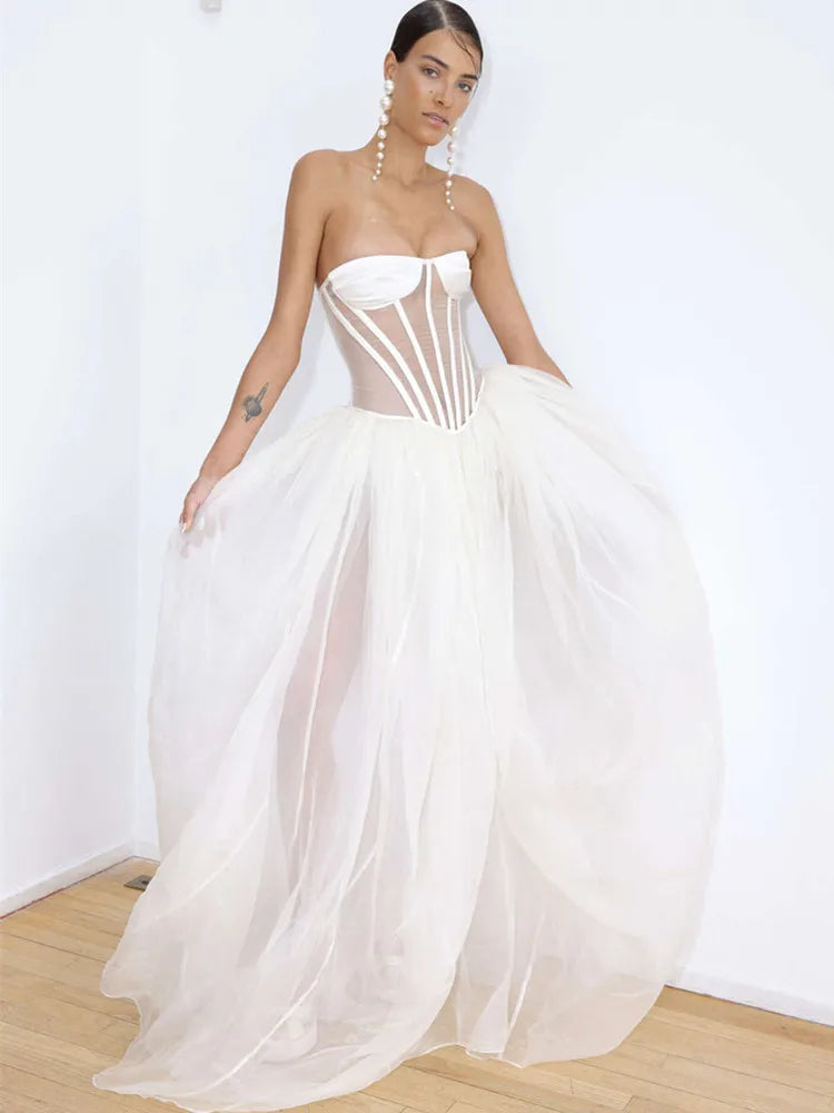 Strapless Mesh White A Line Maxi Long Dress