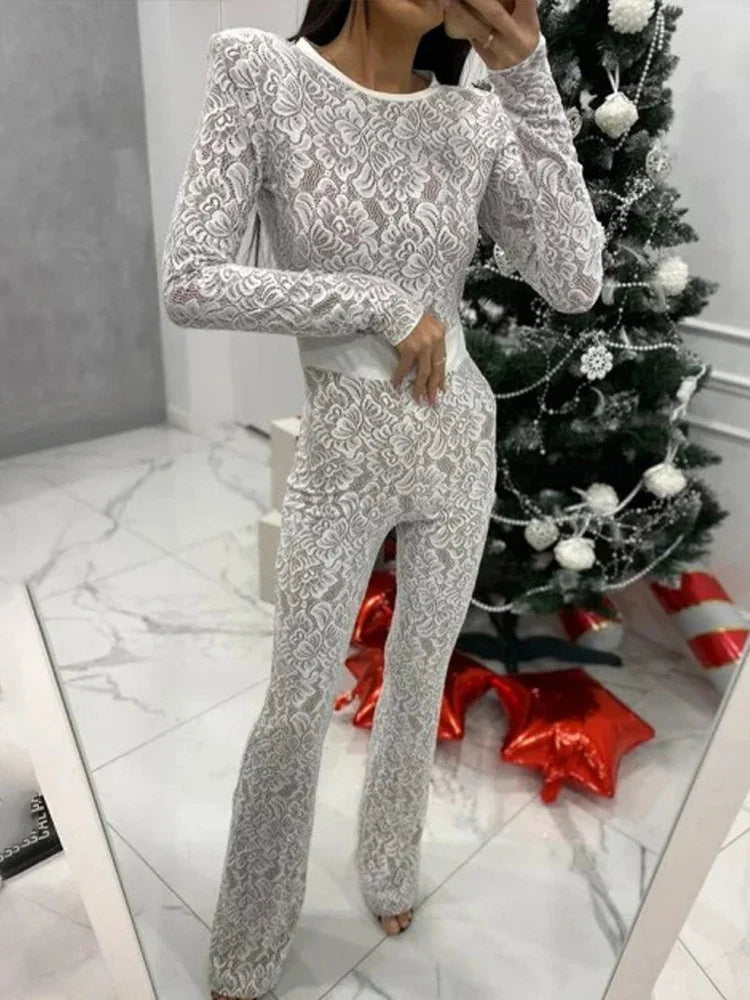 Lace Print Long Sleeve Two Layer Jumpsuits