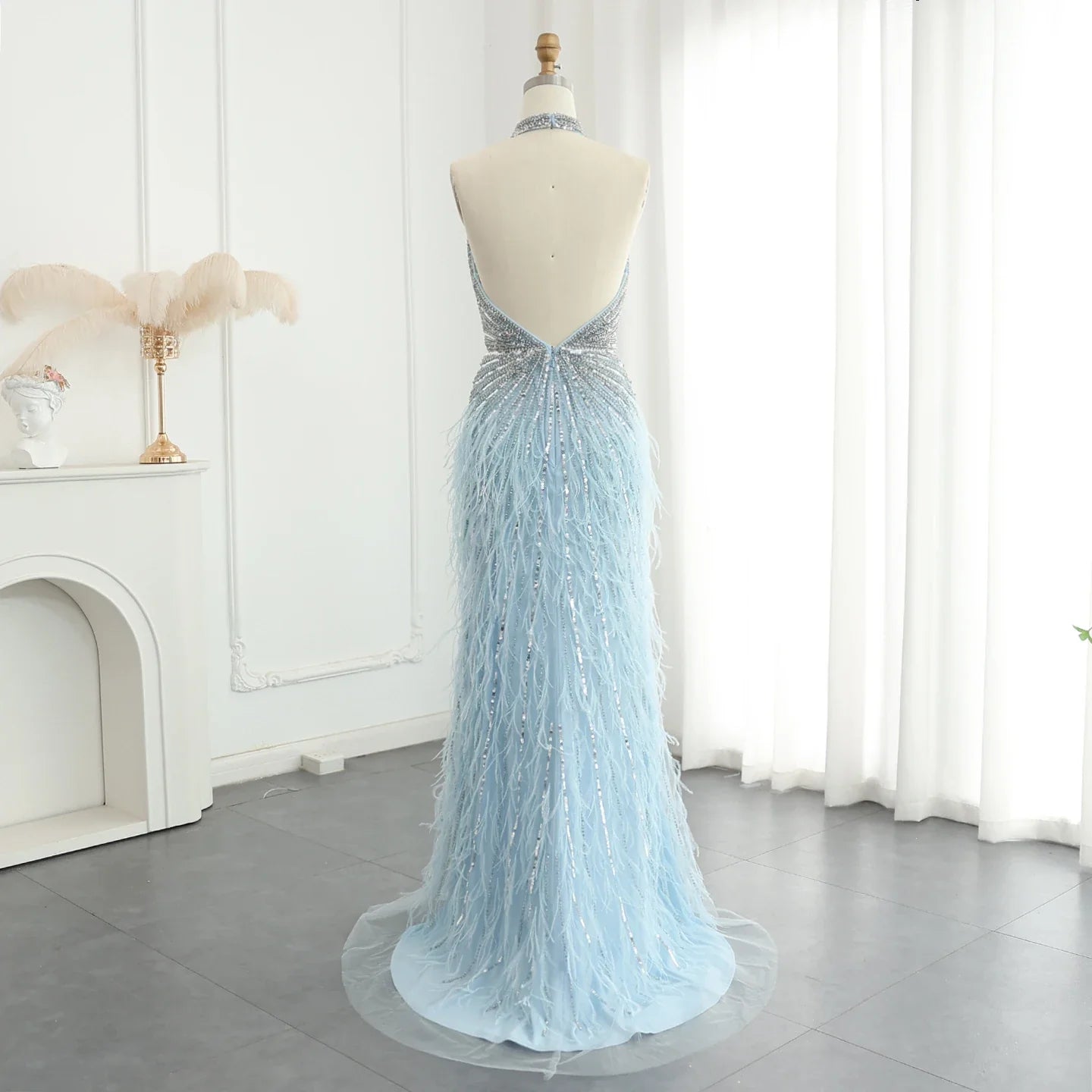 Beaded Feathers Mermaid Halter Backless Gown