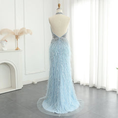 Beaded Feathers Mermaid Halter Backless Gown