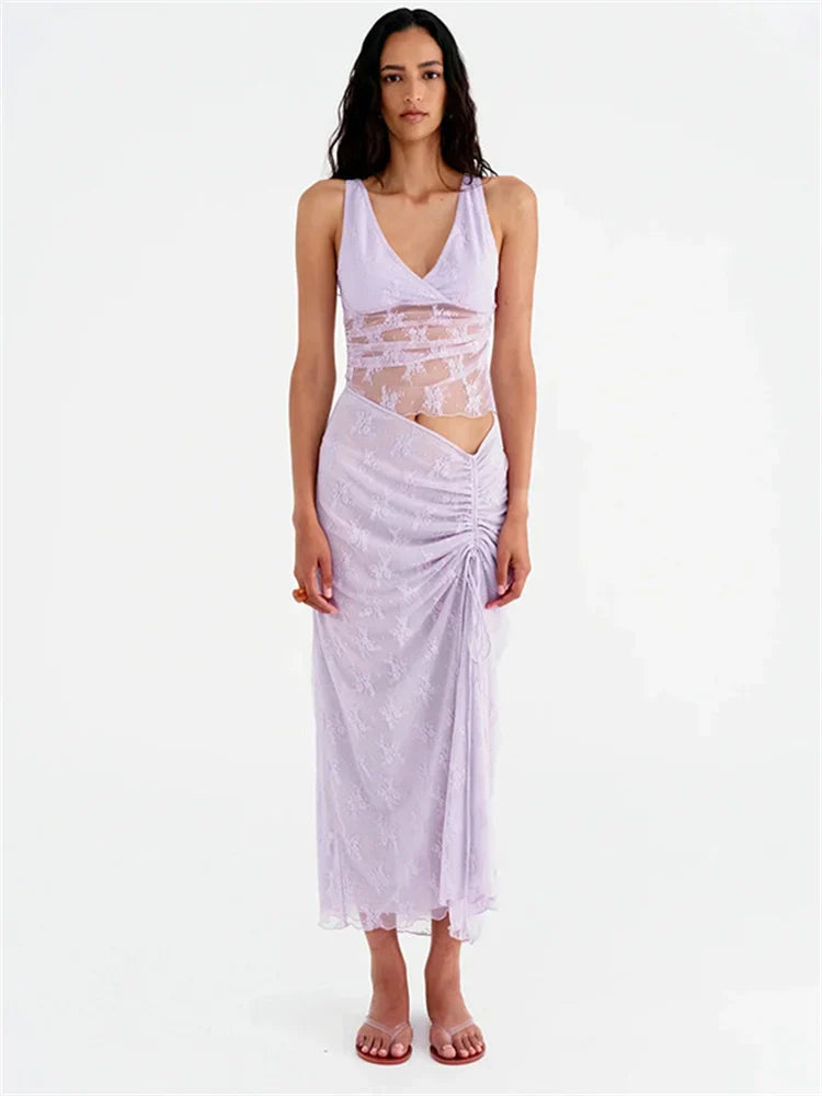 Elegant Summer Lace V-Neck 2-Piece Maxi Skirt Set