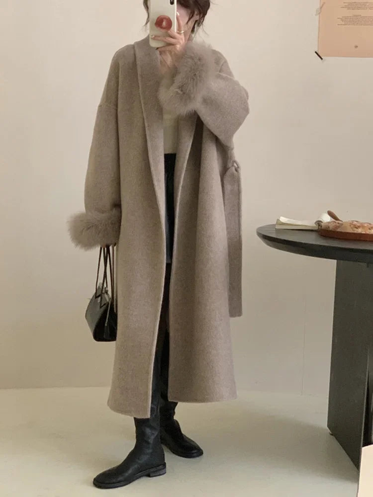 Lace-Up Fur Fluffy Lapel Long Sleeve Overcoat