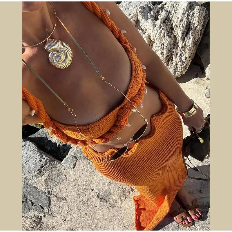 Shell Crop Tops Suit With Split Long Skirt