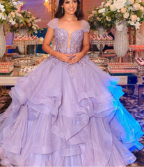 Lace Embroidery Glitter Fluffy Ruffle Purple Evening Dresses