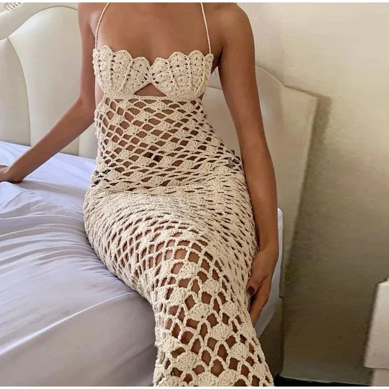 Crochet Halter Lace Up Bodycon Beach Robe