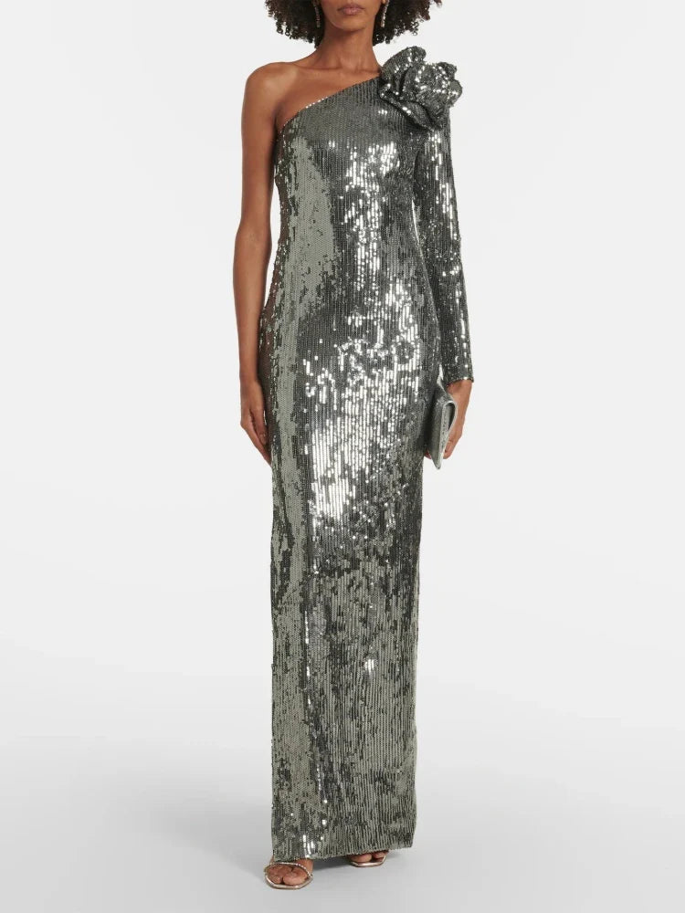 One Shoulder 3D Flower Sequin Dress