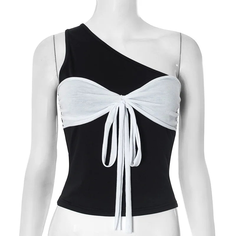 Patchwork Lacing Black White Top