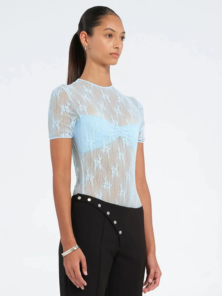 Sheer Lace Patchwork Bodysuit Top For Women
