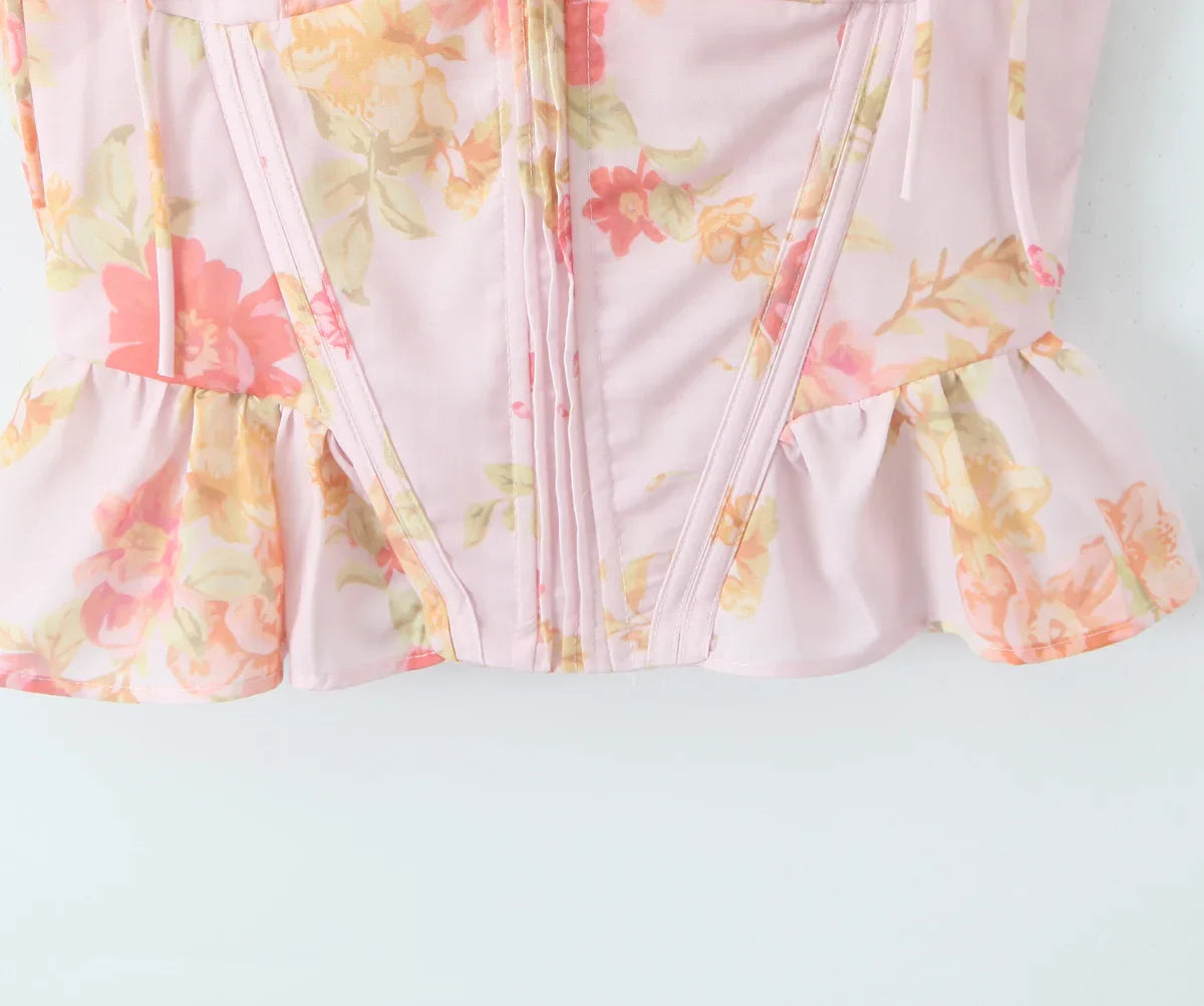 Ribbon Bow Strap Ruffles Hem Top