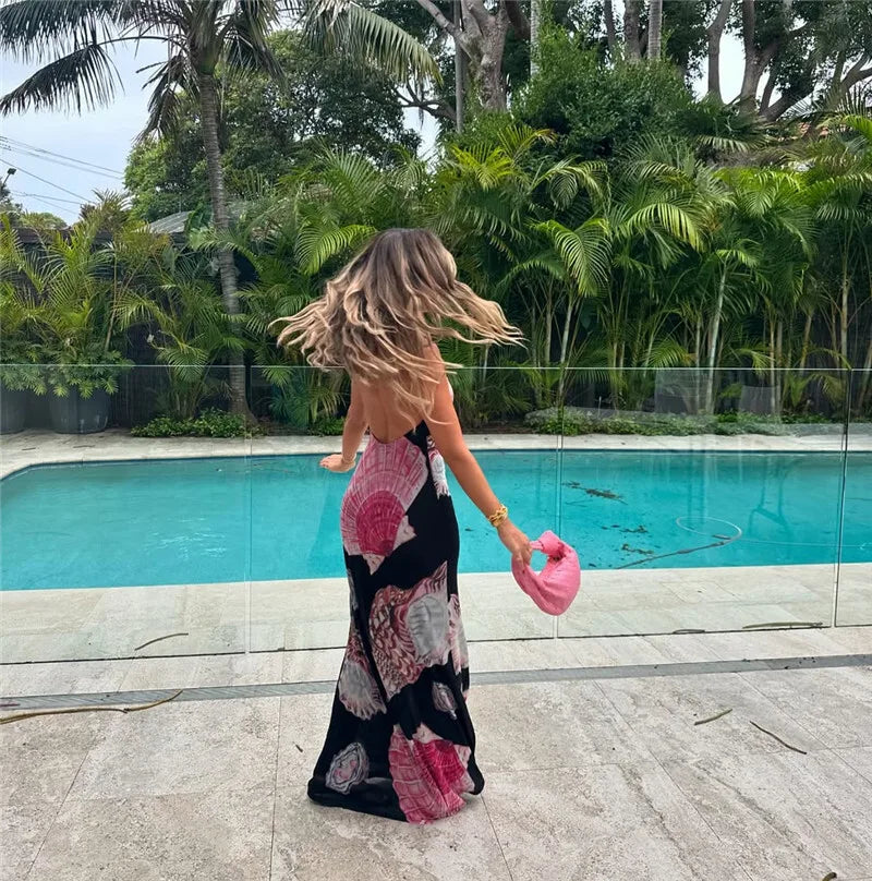 Backless Printed Patchwork Beach Holiday Long Dress
