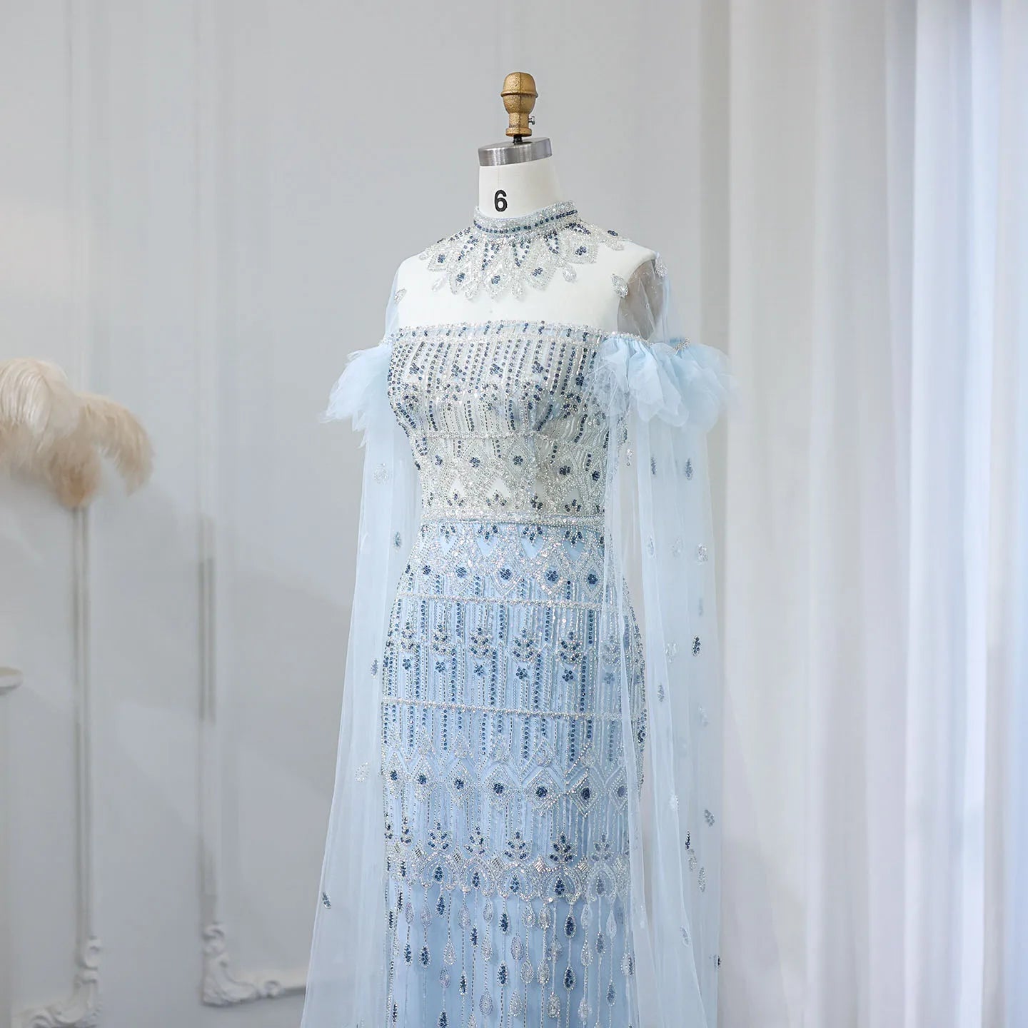 Light Blue Mermaid Evening Gown with Cape Sleeves