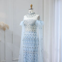 Light Blue Mermaid Evening Gown with Cape Sleeves