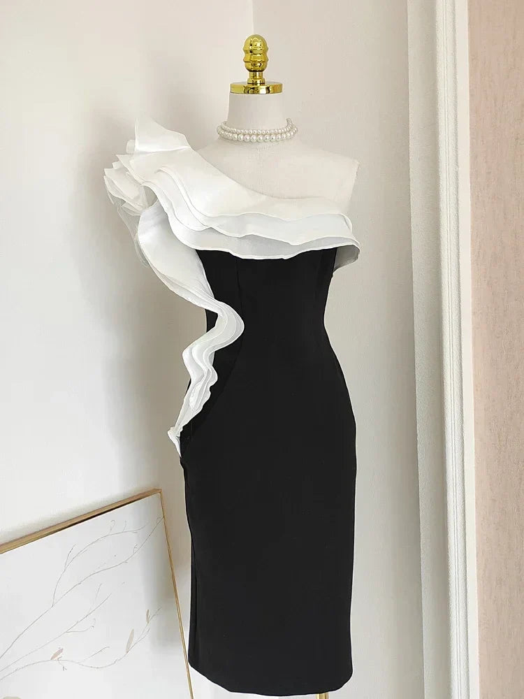 Diagonal Neck Patchwork Ruffles Folds Dress