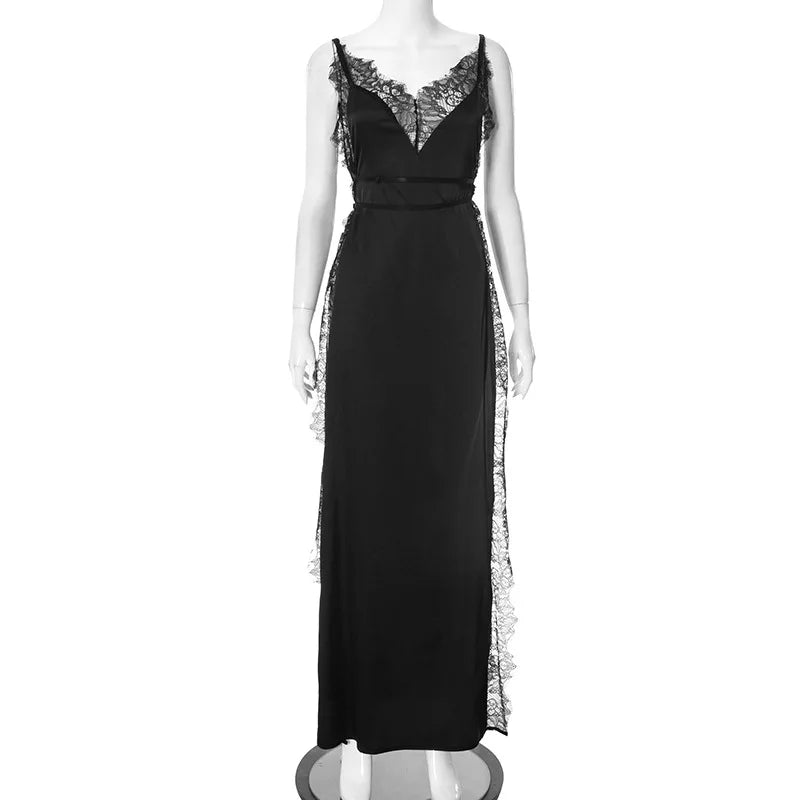 Lace Satin Patchwork High Split Maxi Dress