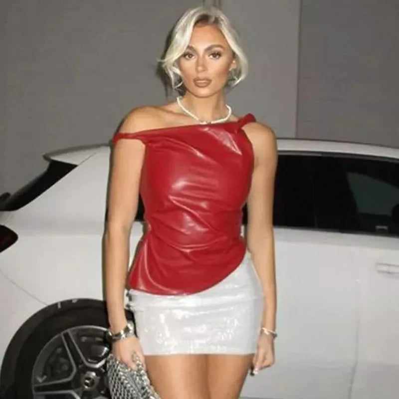 Skew Collar Leather Pleated Top