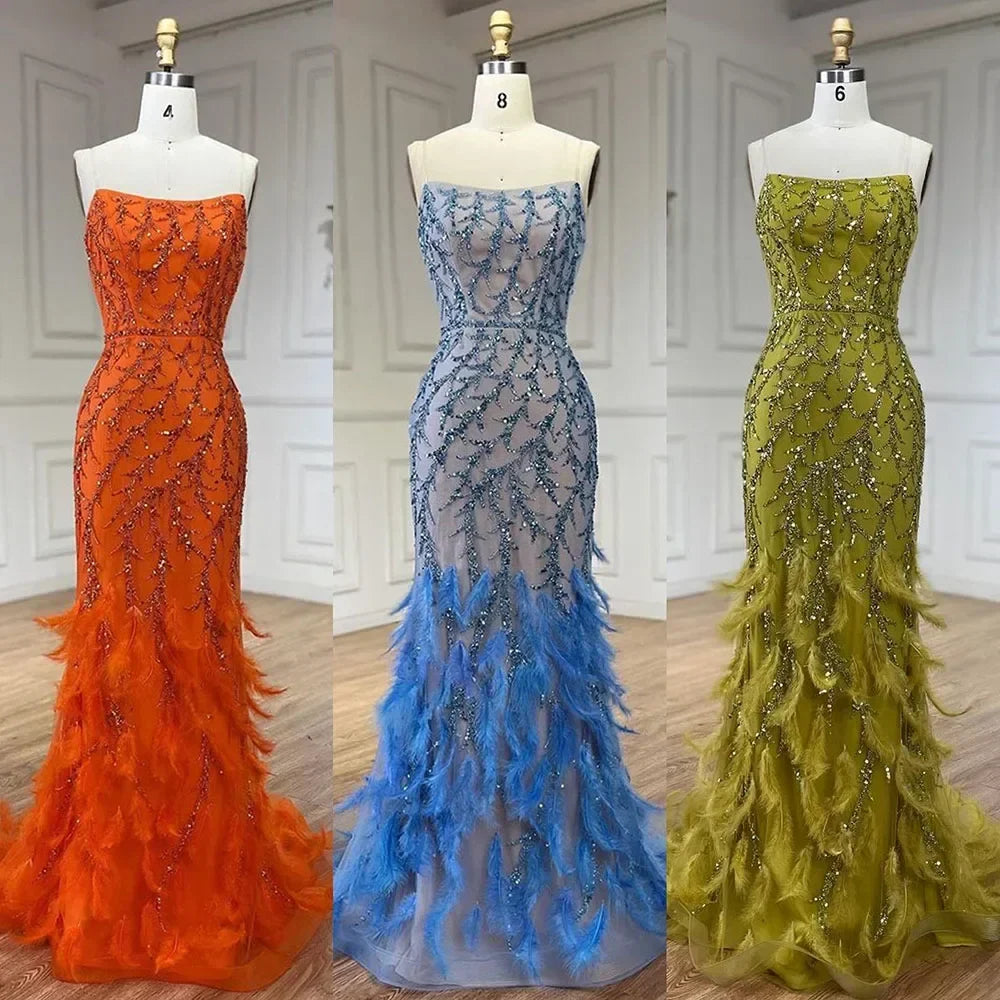Spaghetti Strap Mermaid Feathers Beaded Prom Dress