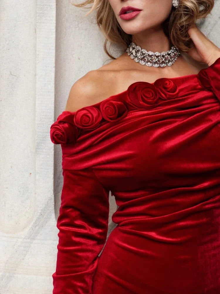 Off-Shoulder 3D Flower Red Velvet Dress
