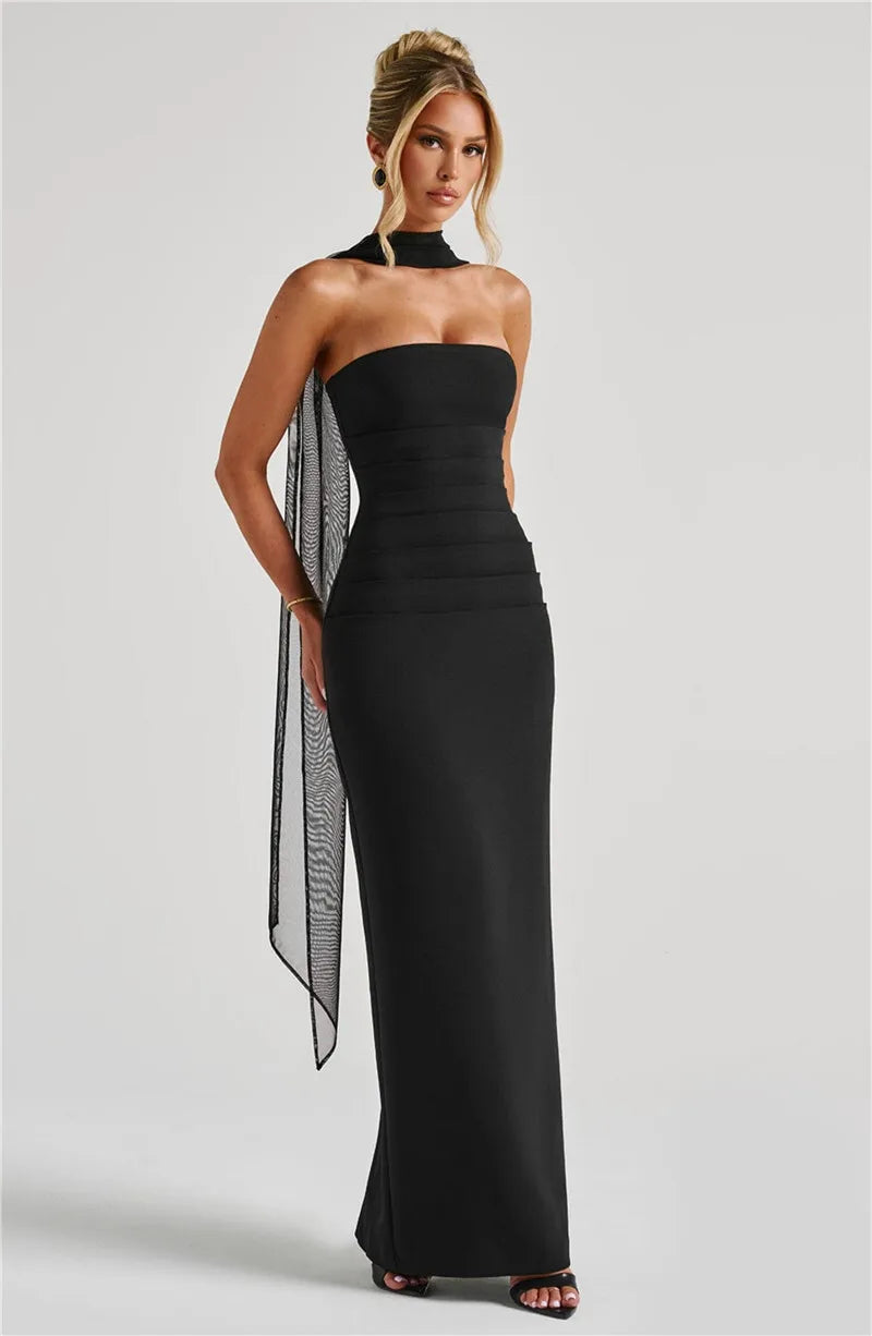 Scarf Collar Strapless Off-shoulder Long Dress