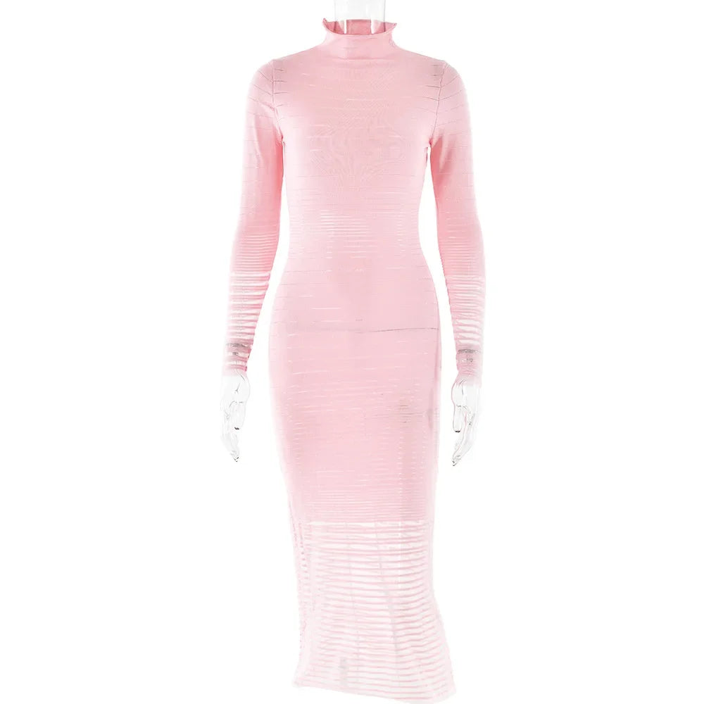 Striped Knitted Half High Collar Dress