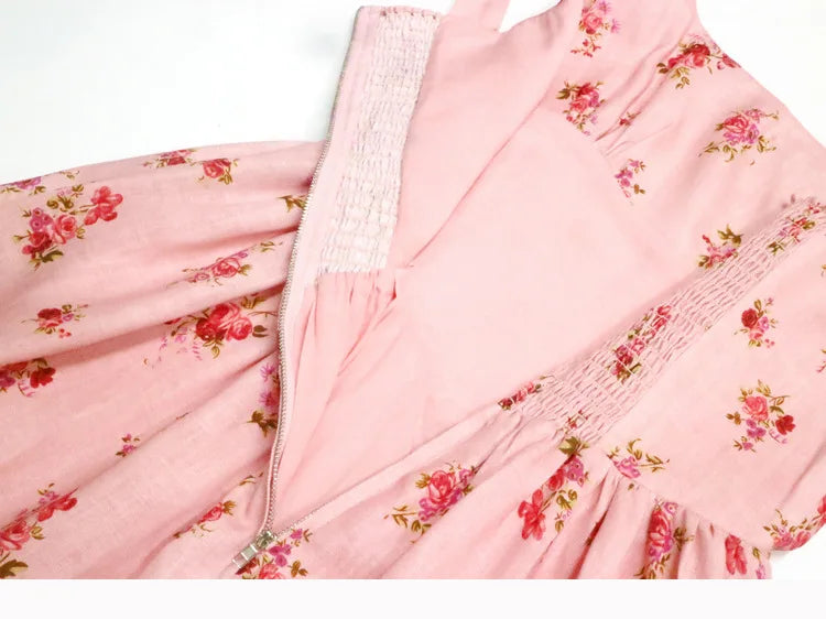 Floral Print Linen Square Collar Lace Up Mid Length Dress