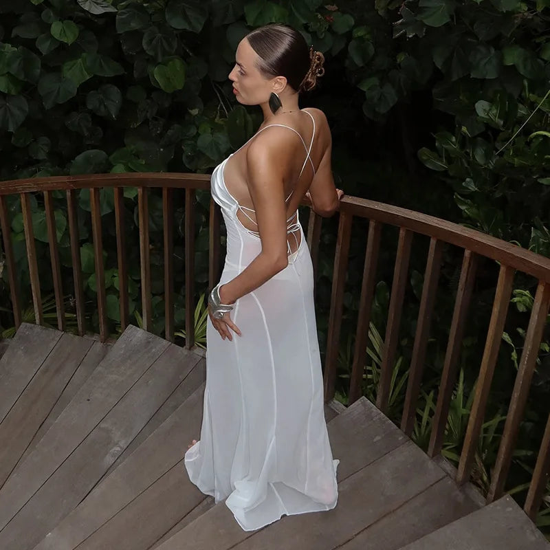 Mesh White Spaghetti Strap Hollow Out Dress