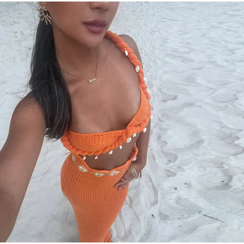Shell Crop Tops Suit With Split Long Skirt