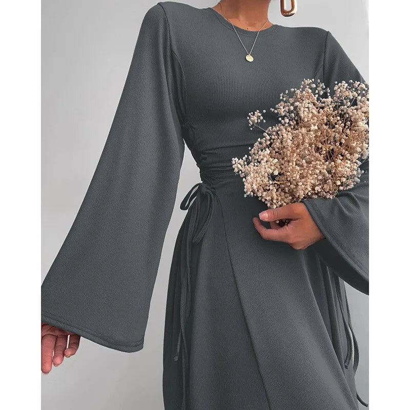 Ribbed Solid Lace-up Long Sleeve Dress