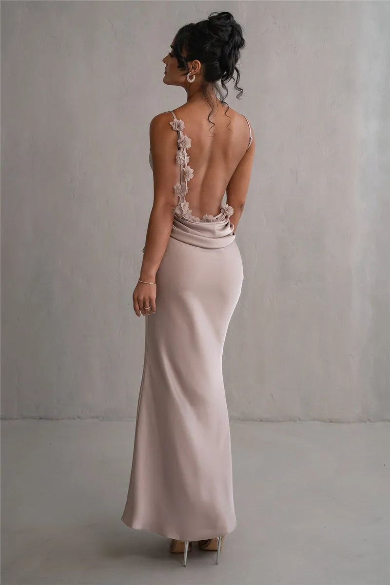 Floral Draped Open Back Spaghetti Strap Maxi Dress