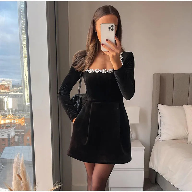 Black Rhinestone Velvet Mini Dress