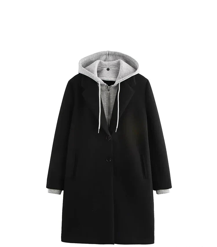 Patchwork Hooded Button Zipper Long Sleeve Coats