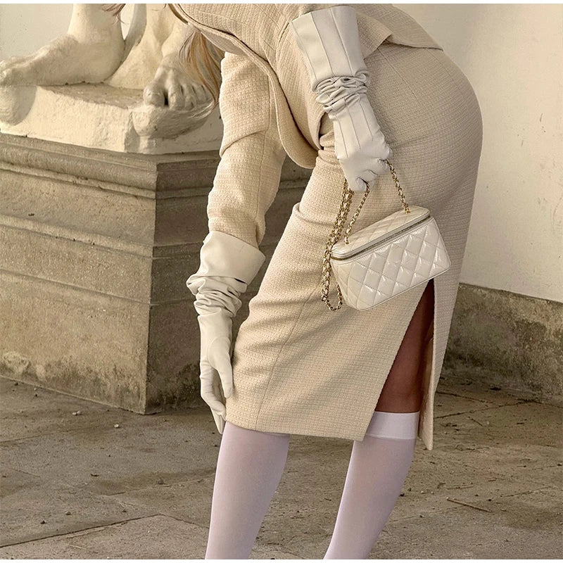 Solid Stand Collar Jackets and Skirts Suit