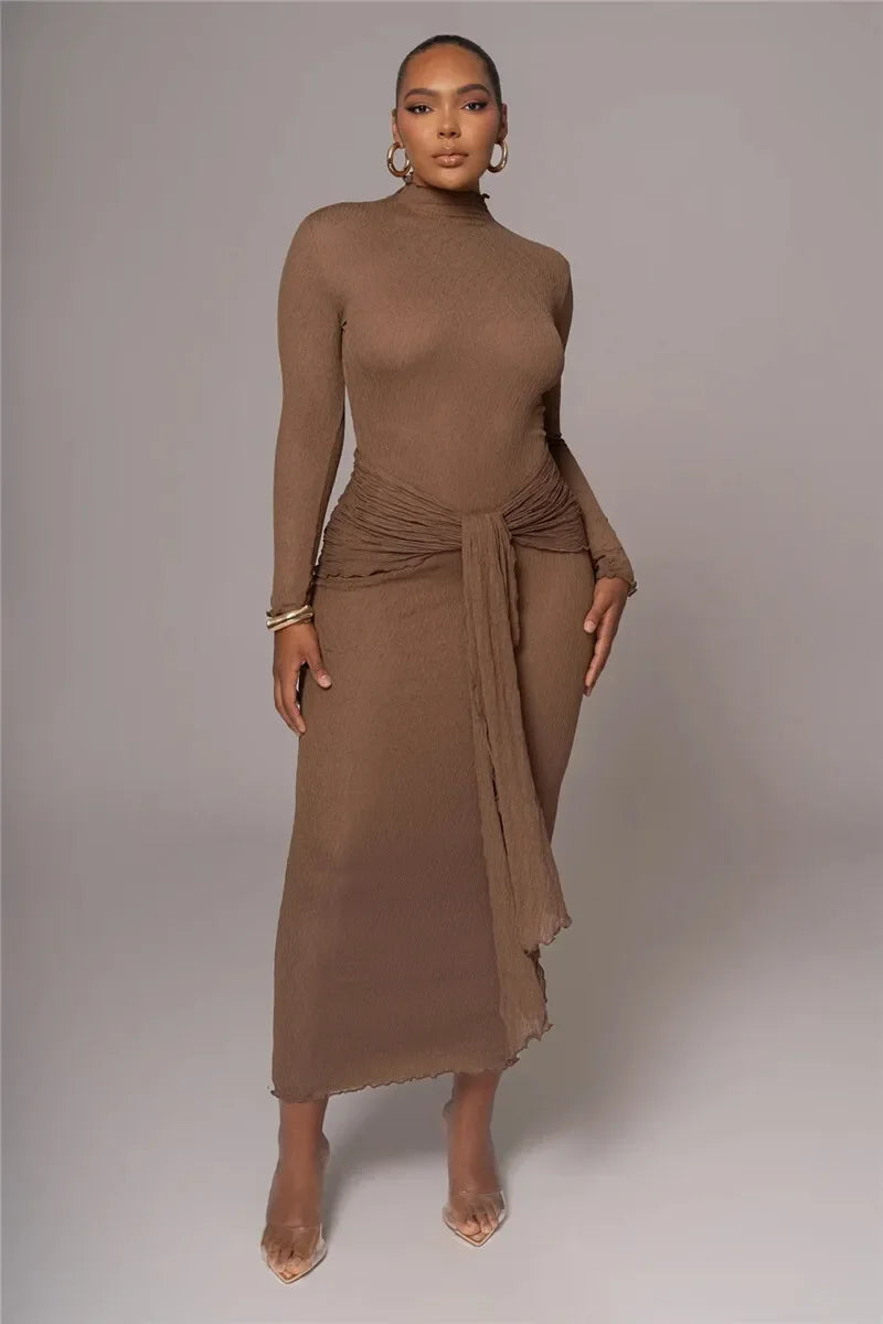 Long Sleeve Drape Turtleneck Maxi Dress