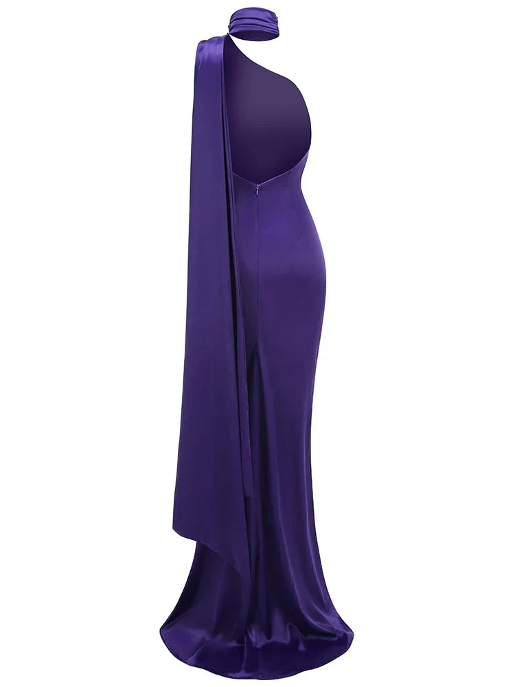 Purple Satin Halter Neck 3D Flower Scarf Maxi Dress