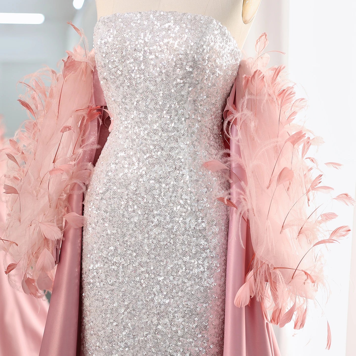 White Sequin Mermaid Evening Gown with Feather Cape
