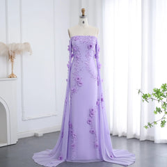 Off-Shoulder Lilac 3D Flowers Evening Dress with Cape Sleeves