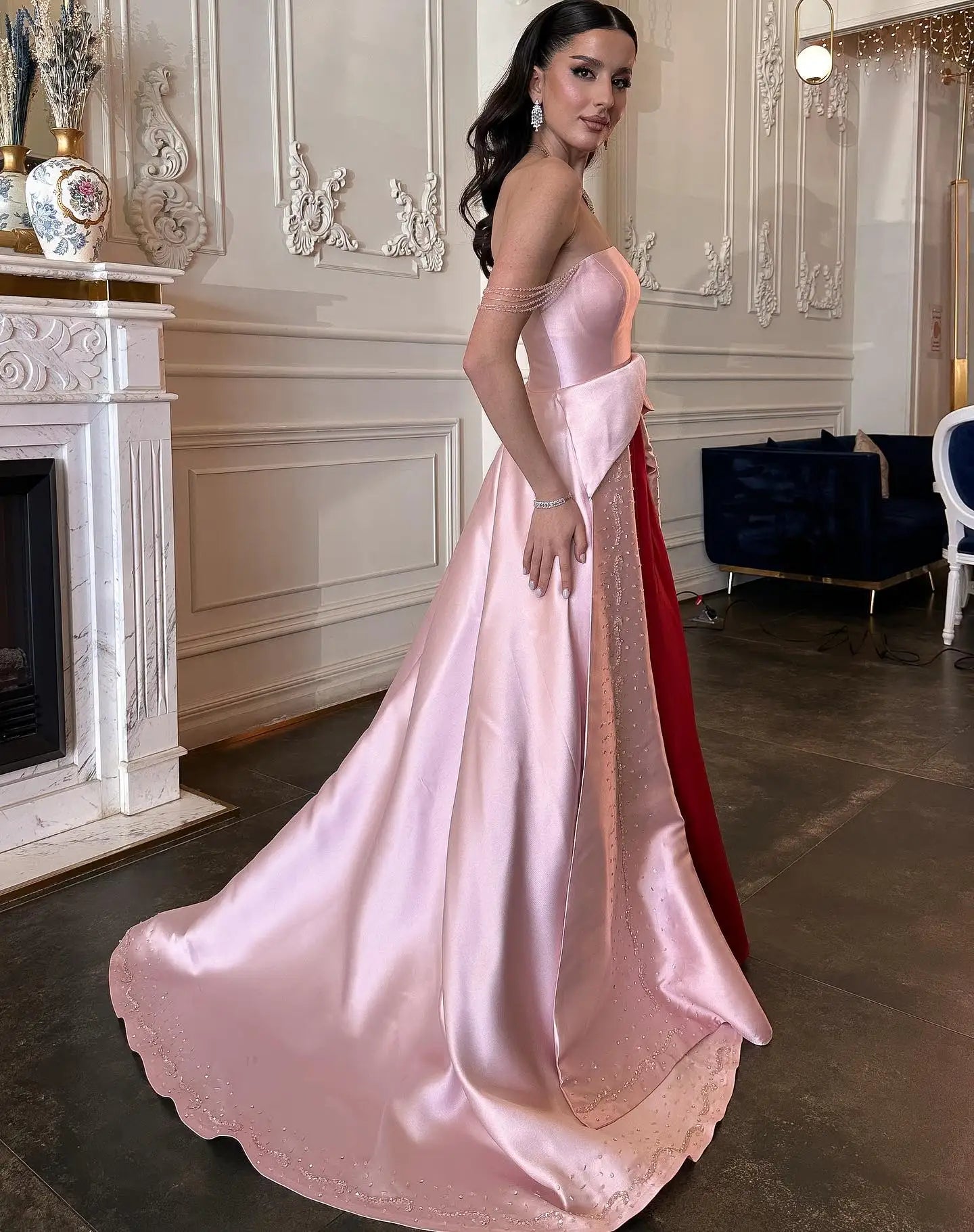 Strapless Pink and Red Two-Tone Evening Gowns