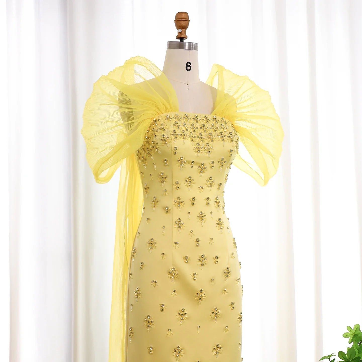 Beaded Yellow Evening Gown with Cape Sleeves