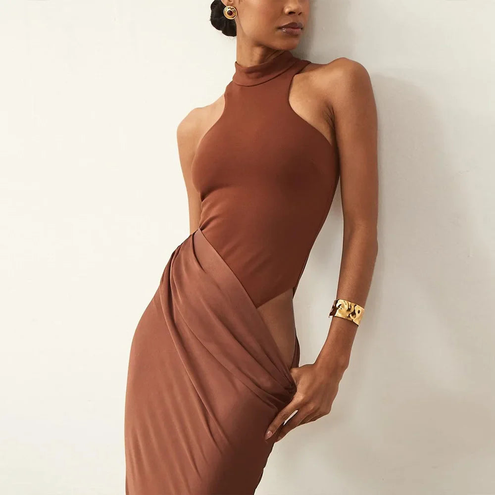 Satin Sleeveless High Neck Dress