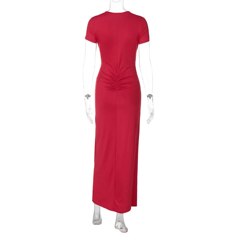 Solid Short Sleeve Ruched Maxi Dress