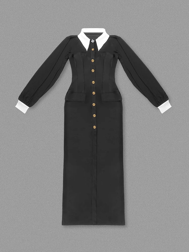 Lapel Mesh Patchwork Button Black Long Dress