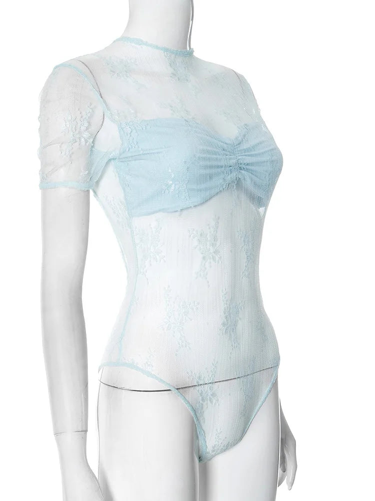Sheer Lace Patchwork Bodysuit Top For Women