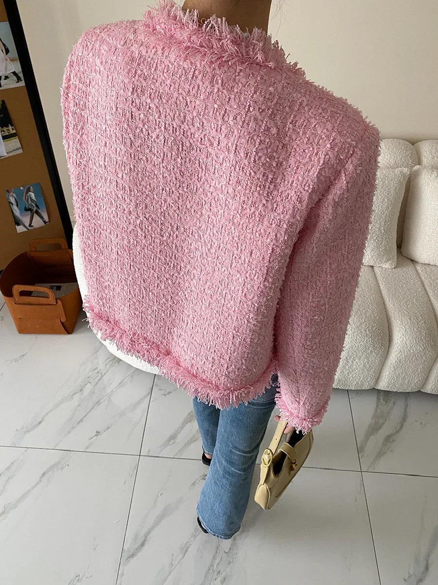 Pink Fringe Fur Shoulder Pad Tweed Blazer