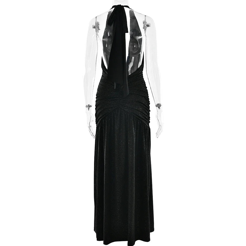 Glitter Bright Silk High Slit Halter Dress