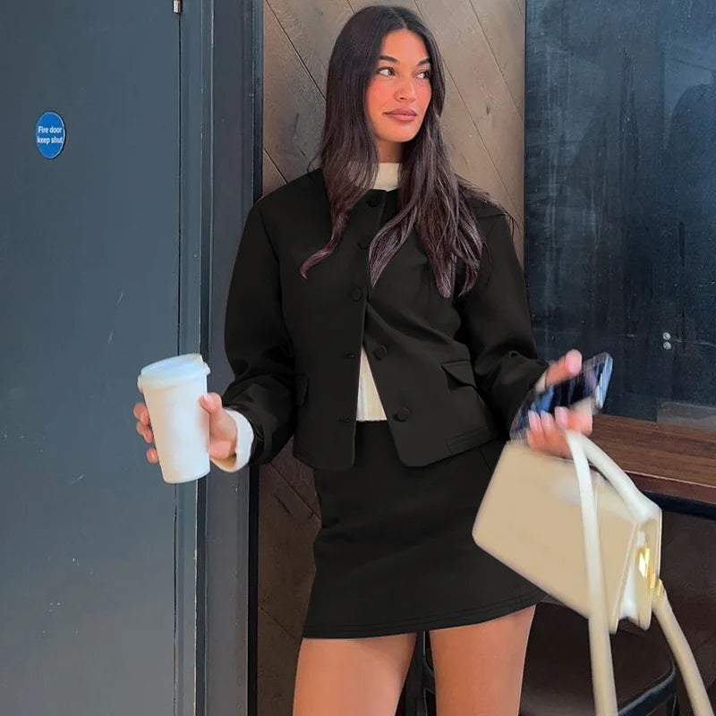 Round Neck Long Sleeve Jacket Mini Skirt Suit