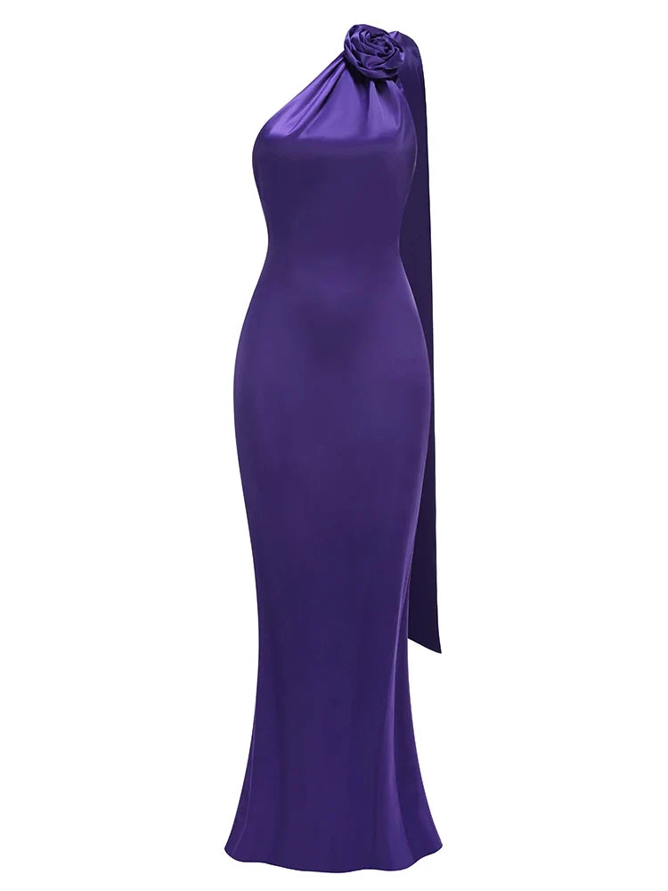Purple Satin Halter Neck 3D Flower Scarf Maxi Dress